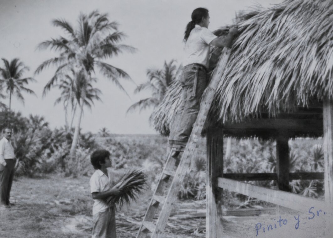 Chief Bobbie tying thatch onto a tiki hut roof